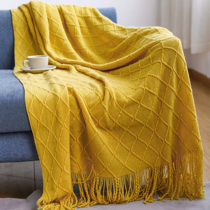 Geometric knitted blanket sofa cover with tassels | ideal for spring and autumn